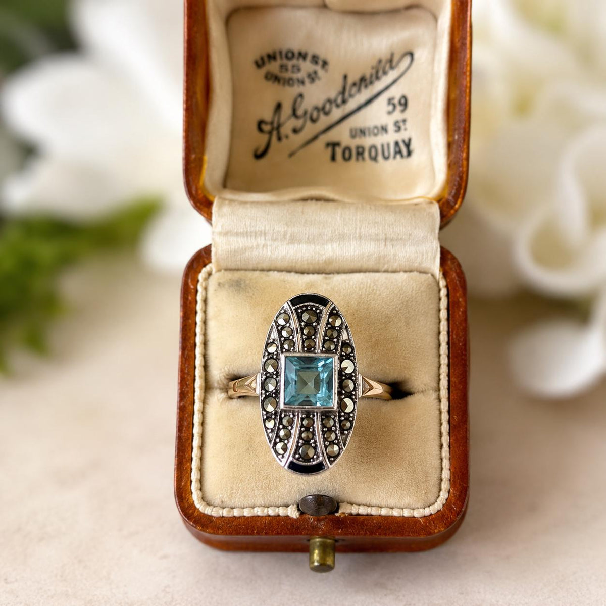 Antique 1920s Art Deco Blue Paste Topaz & Enamel Silver Ring, 9ct Gold Band