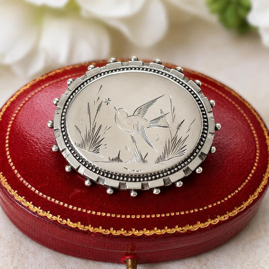 Antique Victorian Engraved Swallow Sterling Silver Brooch | Oval Love Token Lapel Pin