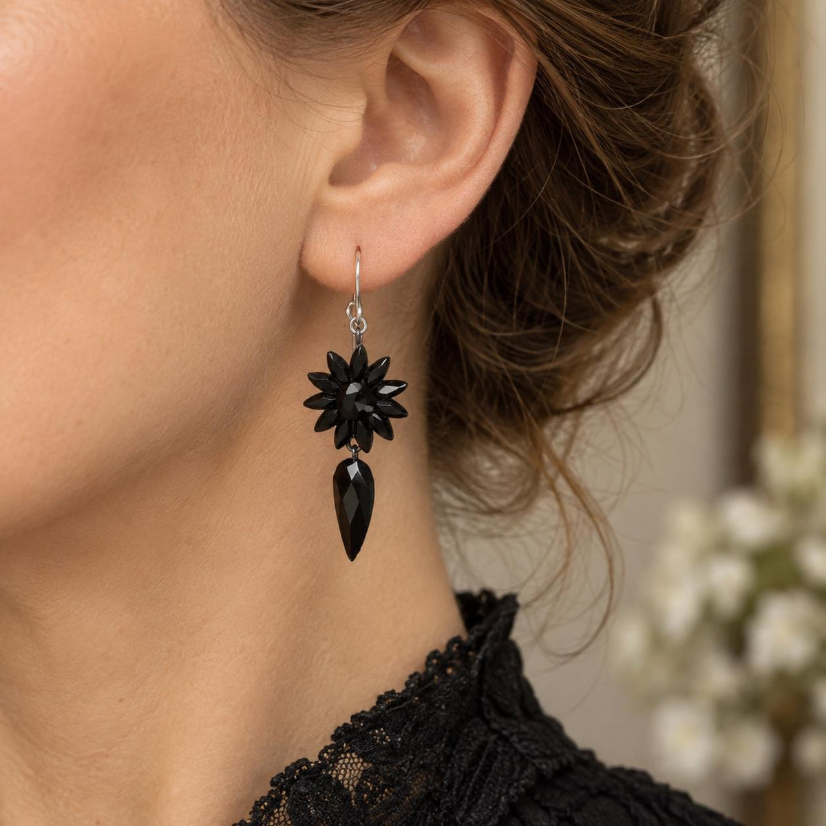 Antique Vauxhall Glass Earrings, Rare Georgian Regency Black Glass Floral Drops
