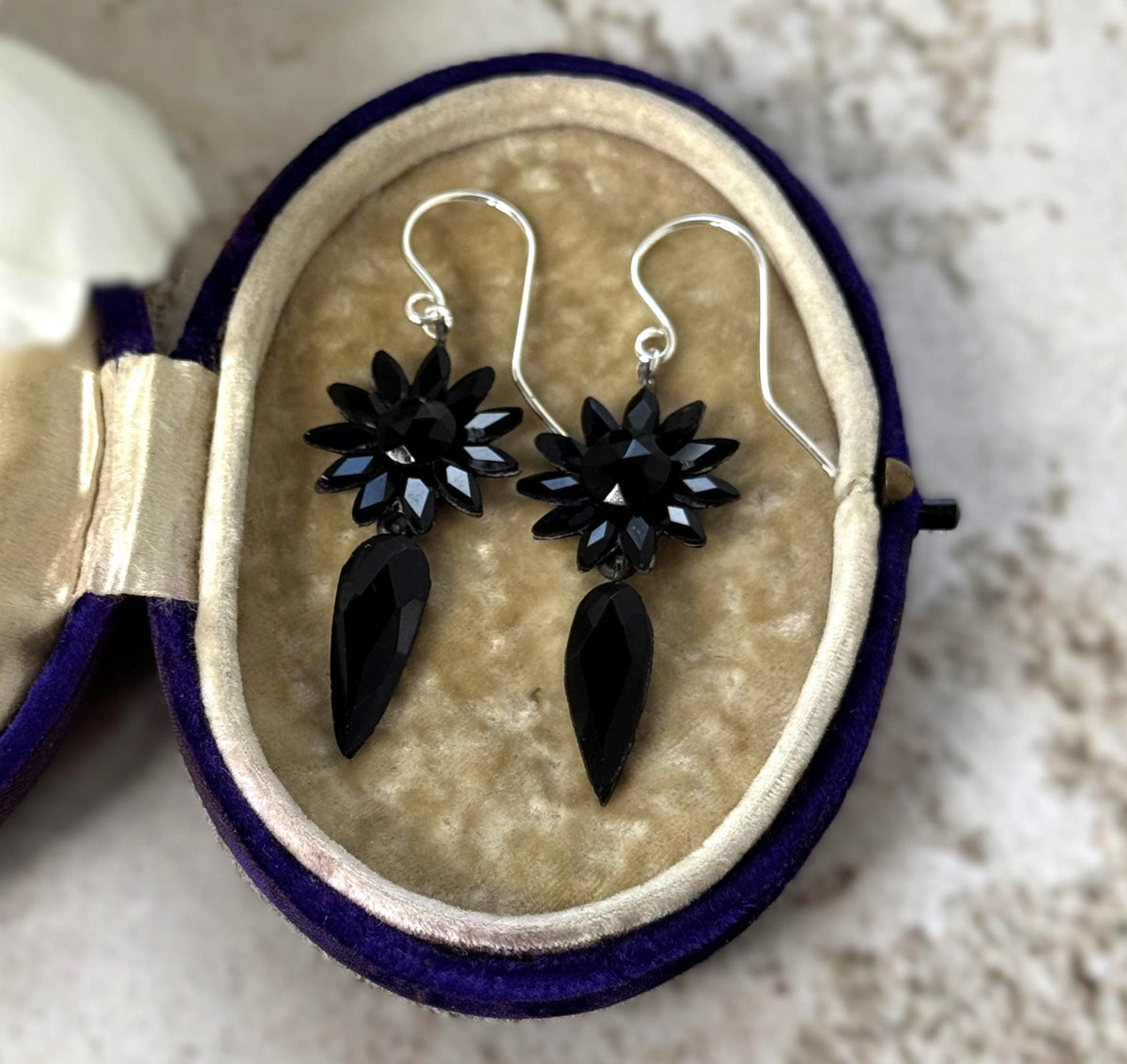 Antique Vauxhall Glass Earrings, Rare Georgian Regency Black Glass Floral Drops
