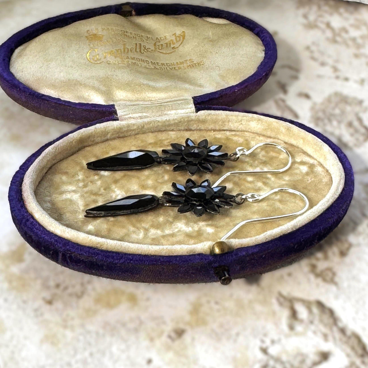 Antique Vauxhall Glass Earrings, Rare Georgian Regency Black Glass Floral Drops