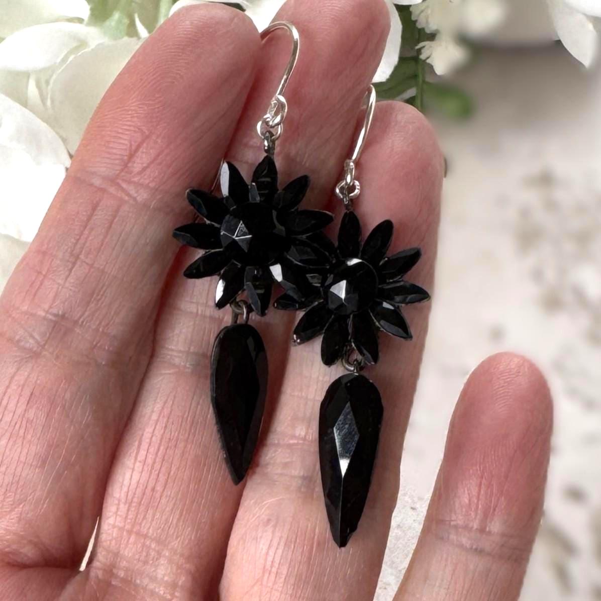 Antique Vauxhall Glass Earrings, Rare Georgian Regency Black Glass Floral Drops
