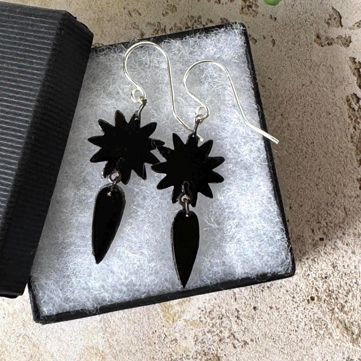 Antique Vauxhall Glass Earrings, Rare Georgian Regency Black Glass Floral Drops