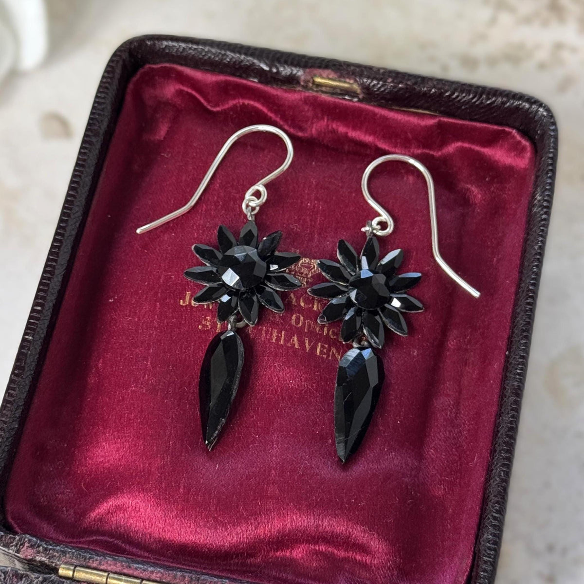 Antique Vauxhall Glass Earrings, Rare Georgian Regency Black Glass Floral Drops