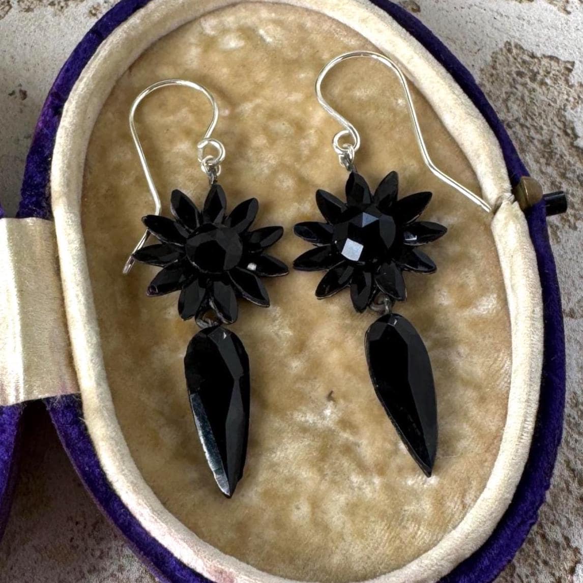 Antique Vauxhall Glass Earrings, Rare Georgian Regency Black Glass Floral Drops