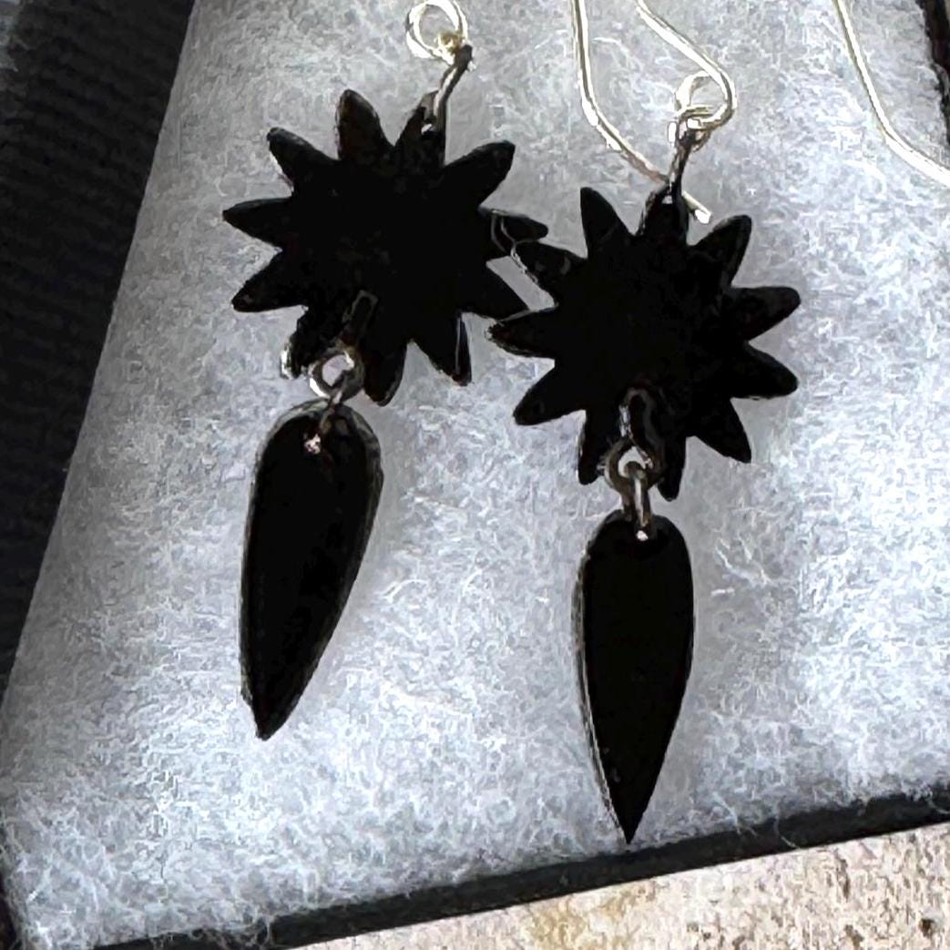 Antique Vauxhall Glass Earrings, Rare Georgian Regency Black Glass Floral Drops