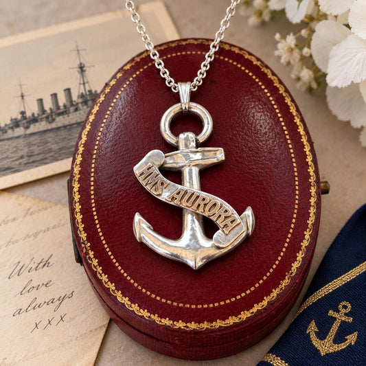 Antique 1915 Sterling Silver HMS Aurora WWI Sweetheart Anchor Pendant Necklace