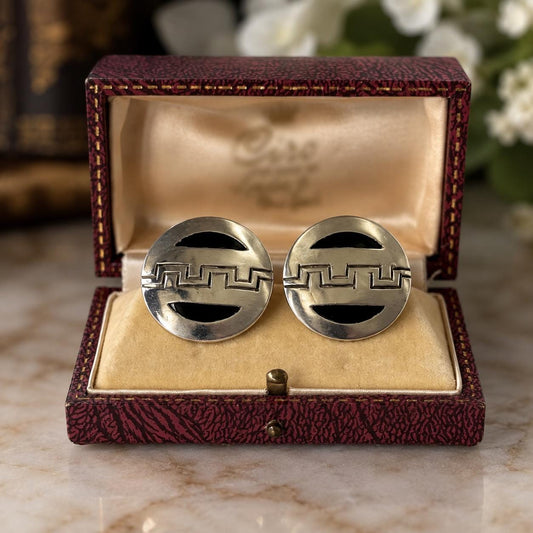 Vintage 1950s Taxco Sterling Silver Black Enamel J Sotelo Cufflinks, Mexico