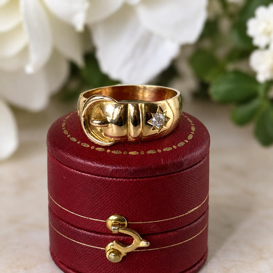 Antique Victorian 18ct Gold Star-Set EOC Diamond Buckle Ring, Dated 1900
