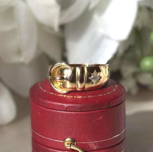 Antique Victorian 18ct Gold Star-Set EOC Diamond Buckle Ring, Dated 1900