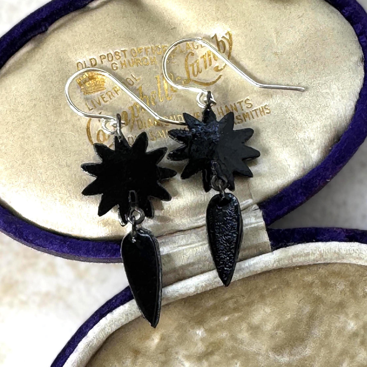 Antique Vauxhall Glass Earrings, Rare Georgian Regency Black Glass Floral Drops