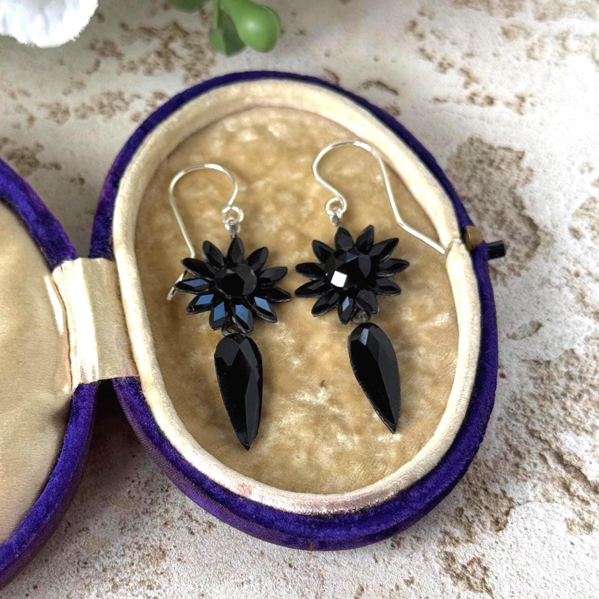 Antique Vauxhall Glass Earrings, Rare Georgian Regency Black Glass Floral Drops