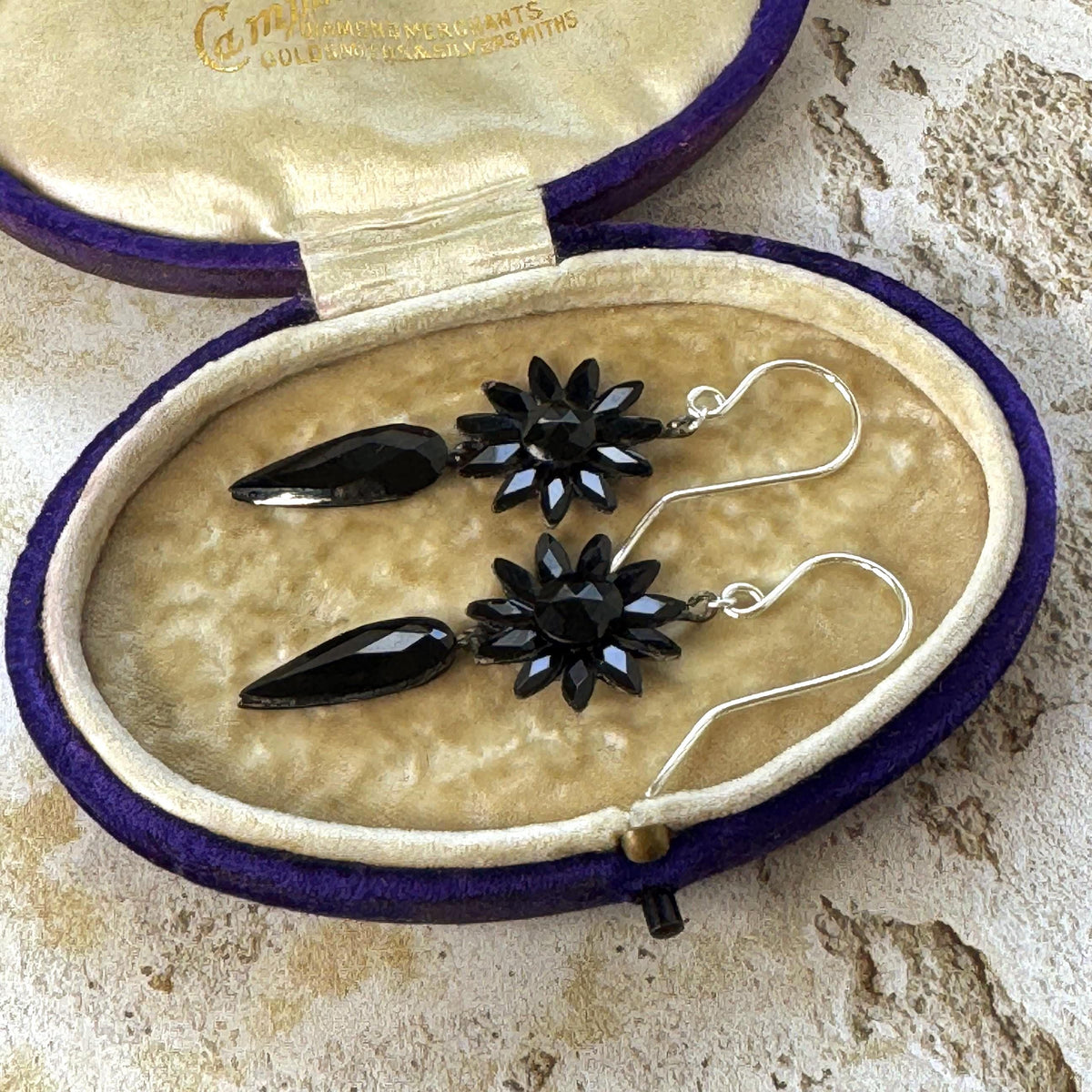 Antique Vauxhall Glass Earrings, Rare Georgian Regency Black Glass Floral Drops