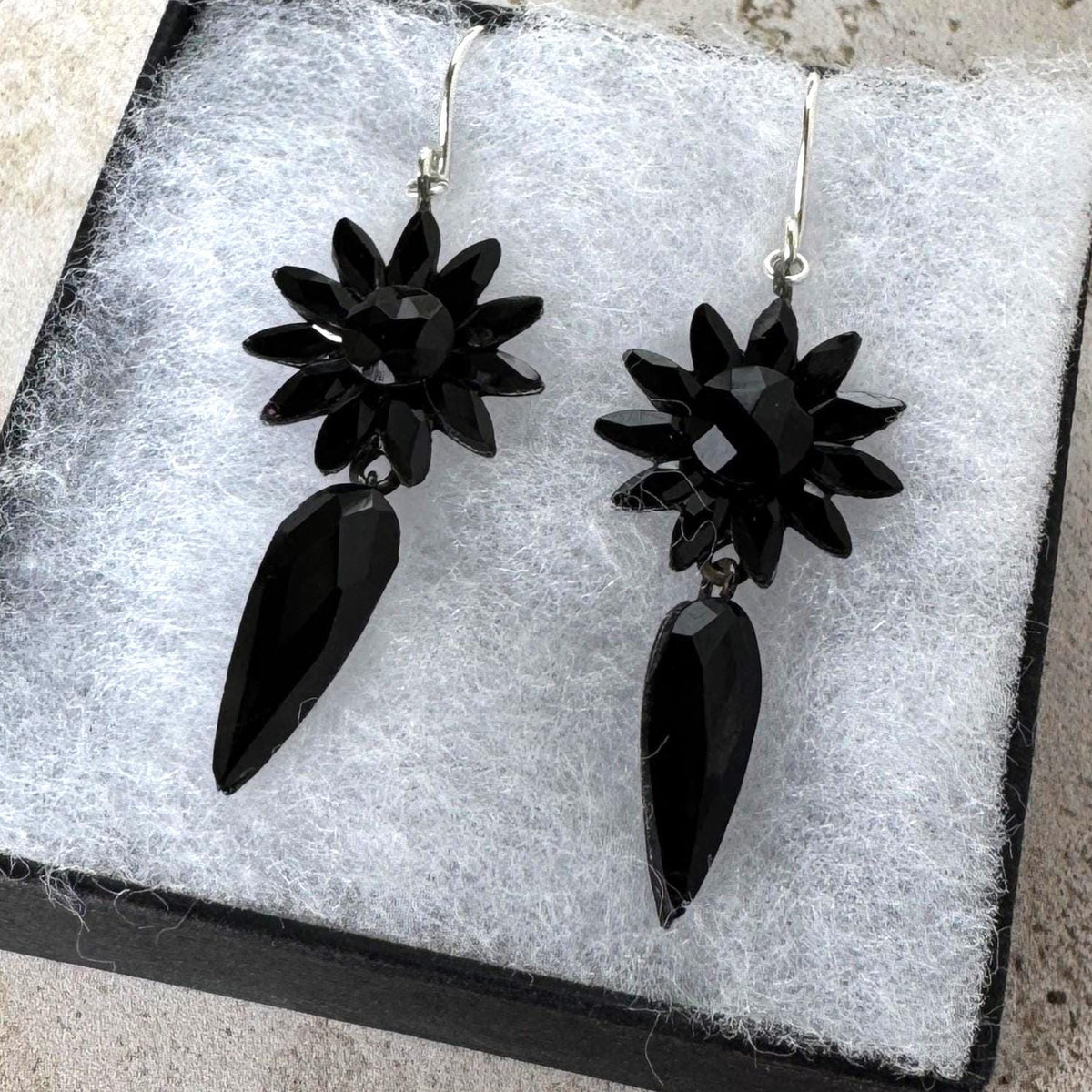 Antique Vauxhall Glass Earrings, Rare Georgian Regency Black Glass Floral Drops