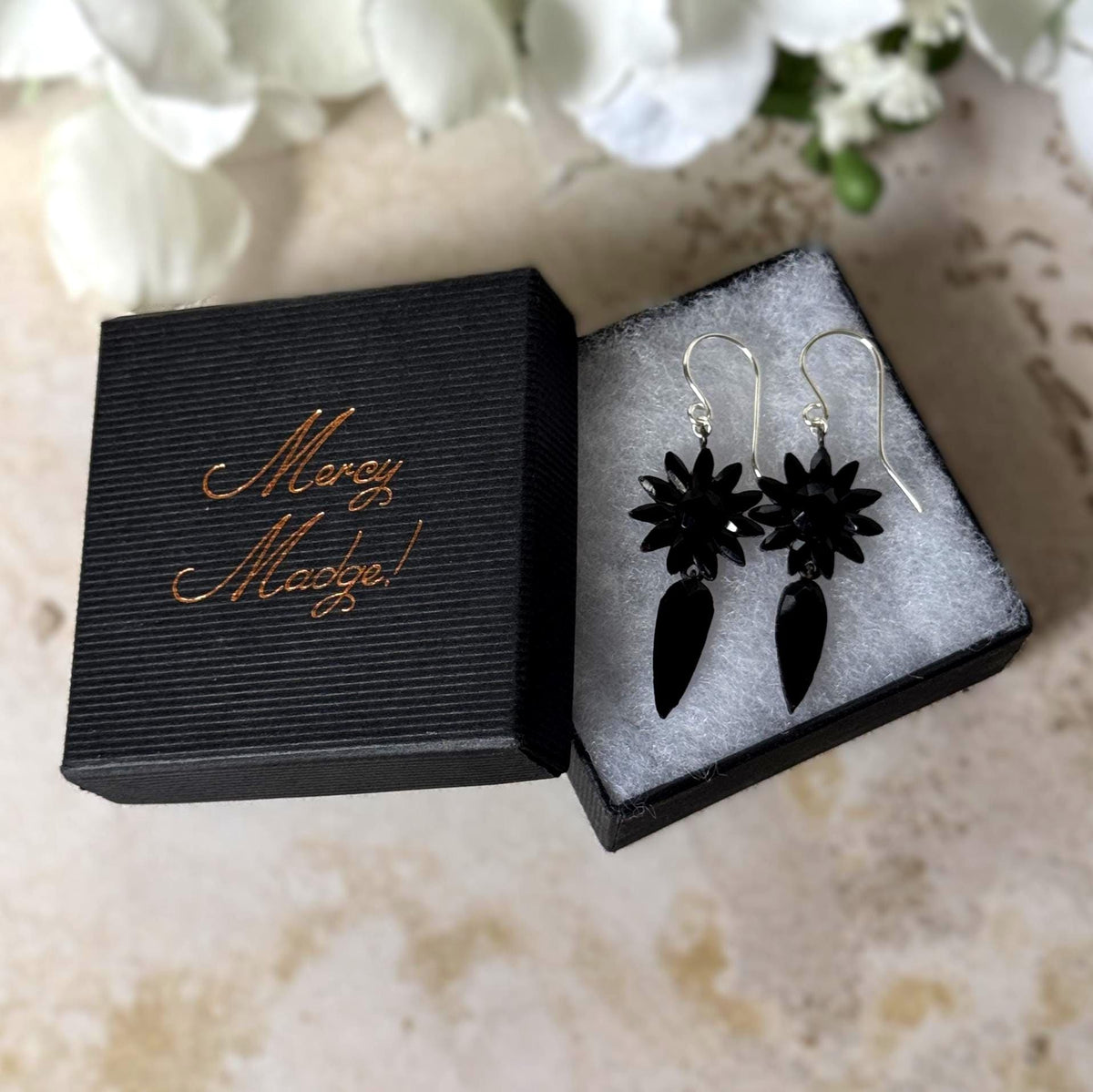 Antique Vauxhall Glass Earrings, Rare Georgian Regency Black Glass Floral Drops