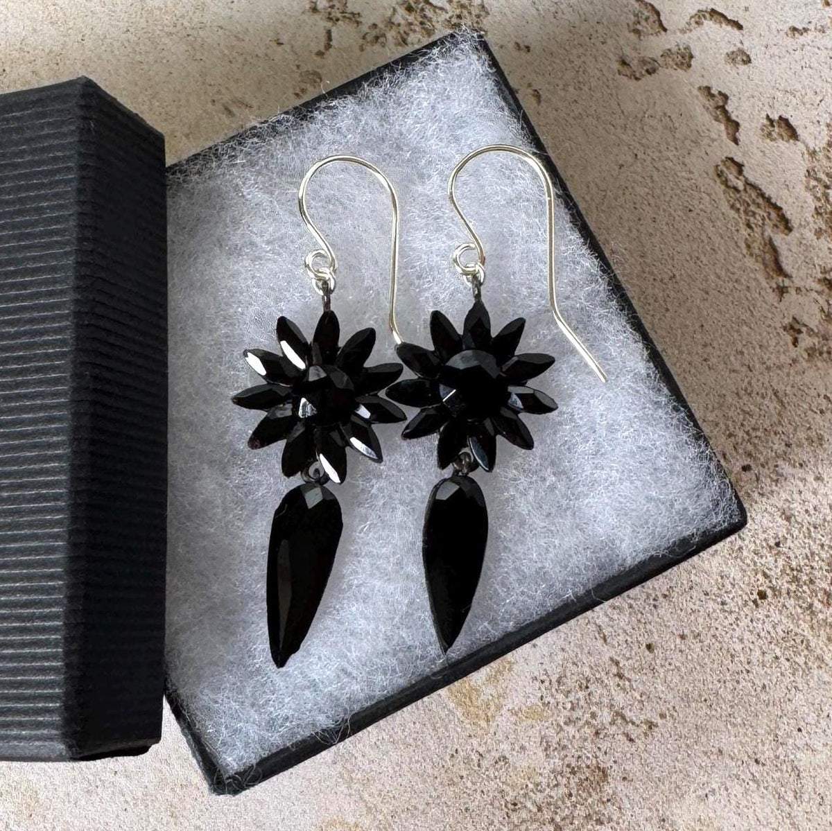 Antique Vauxhall Glass Earrings, Rare Georgian Regency Black Glass Floral Drops