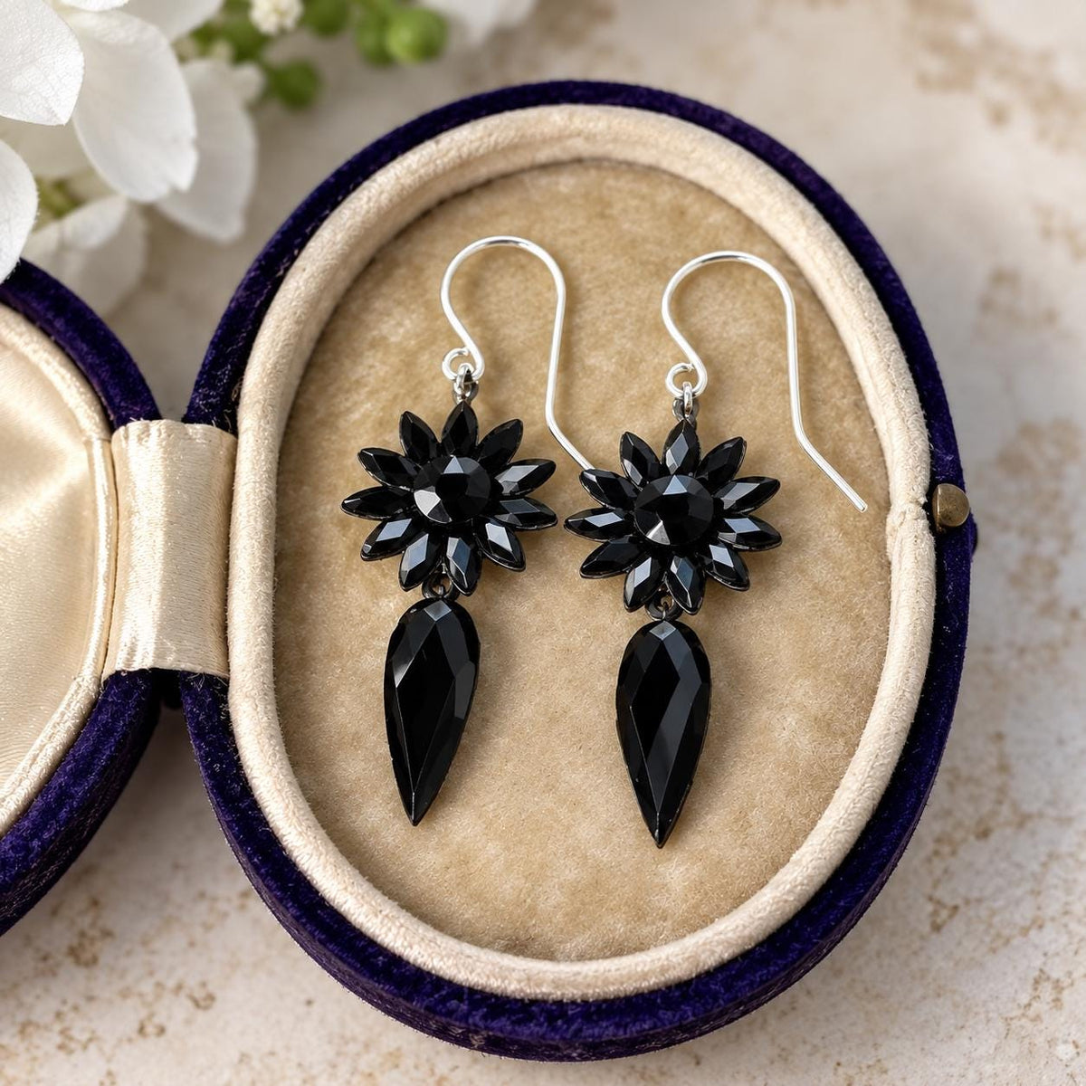 Antique Vauxhall Glass Earrings, Rare Georgian Regency Black Glass Floral Drops