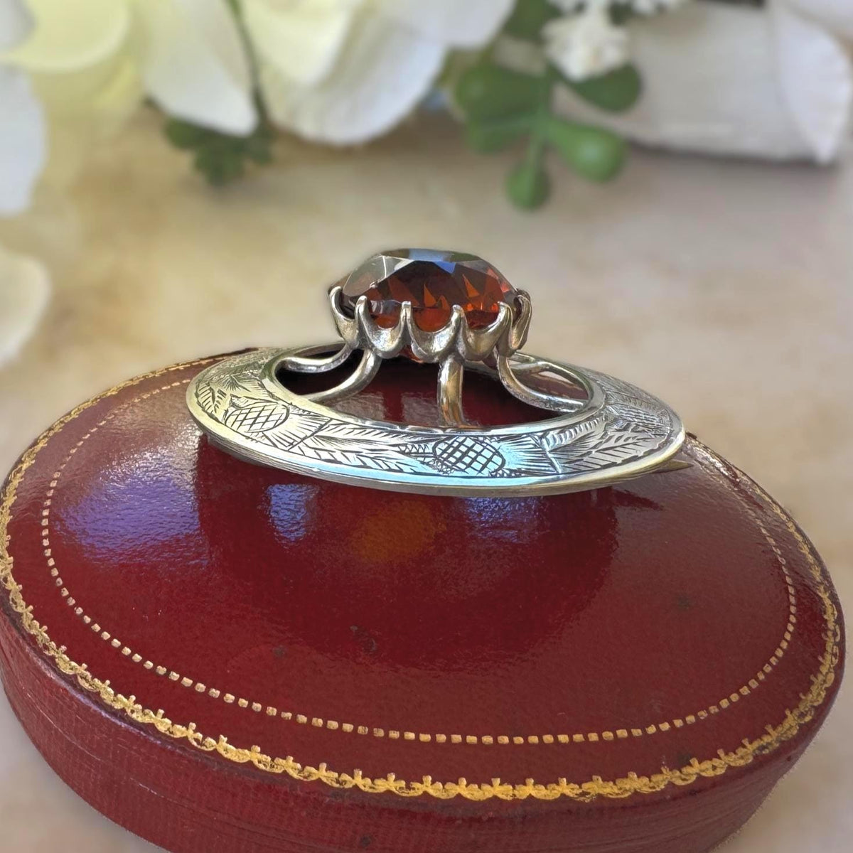 Vintage Scottish Thistle Brooch, Cairngorm Style Glass Stone, Highland Dress Plaid Pin