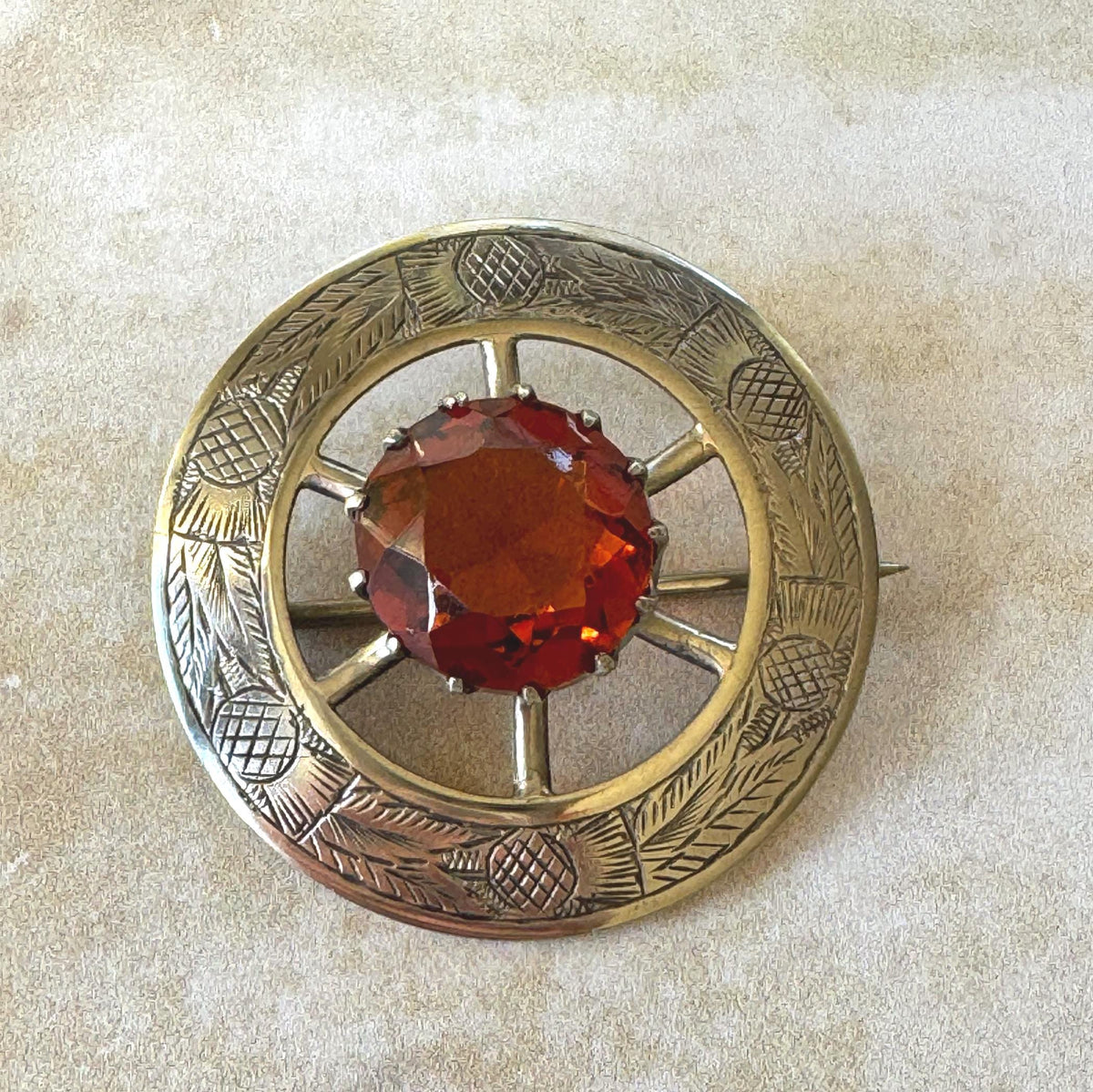 Vintage Scottish Thistle Brooch, Cairngorm Style Glass Stone, Highland Dress Plaid Pin