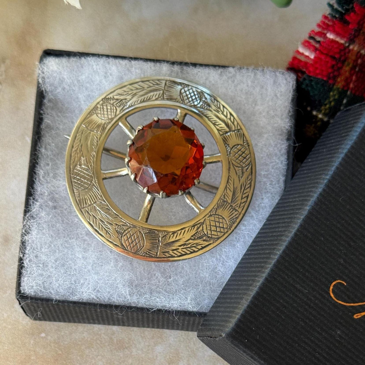 Vintage Scottish Thistle Brooch, Cairngorm Style Glass Stone, Highland Dress Plaid Pin