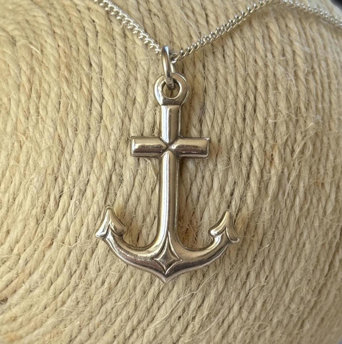 Antique Sterling Silver Gothic Cross and Anchor Pendant Necklace, Nautical Religious Jewellery