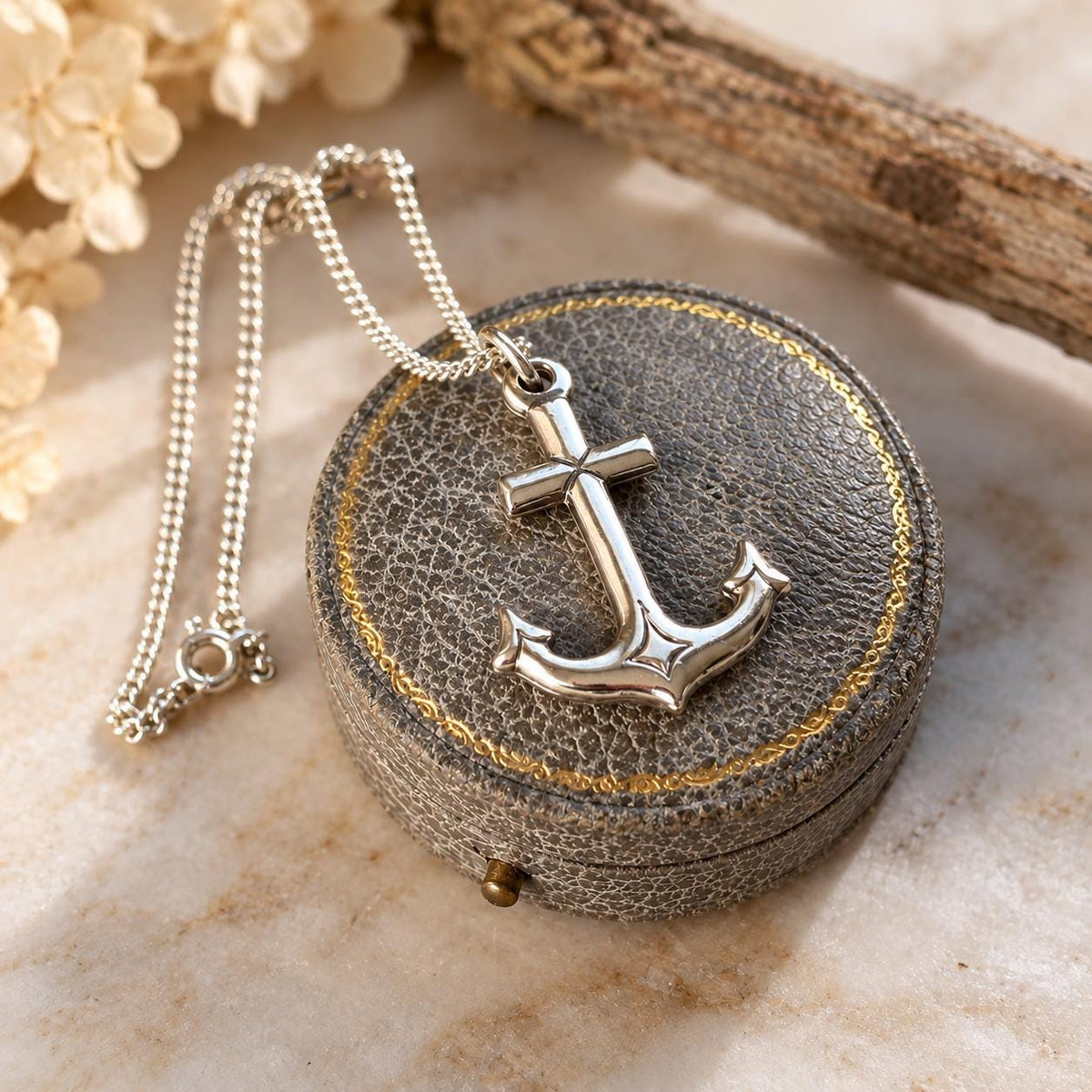 Antique Sterling Silver Gothic Cross and Anchor Pendant Necklace, Nautical Religious Jewellery