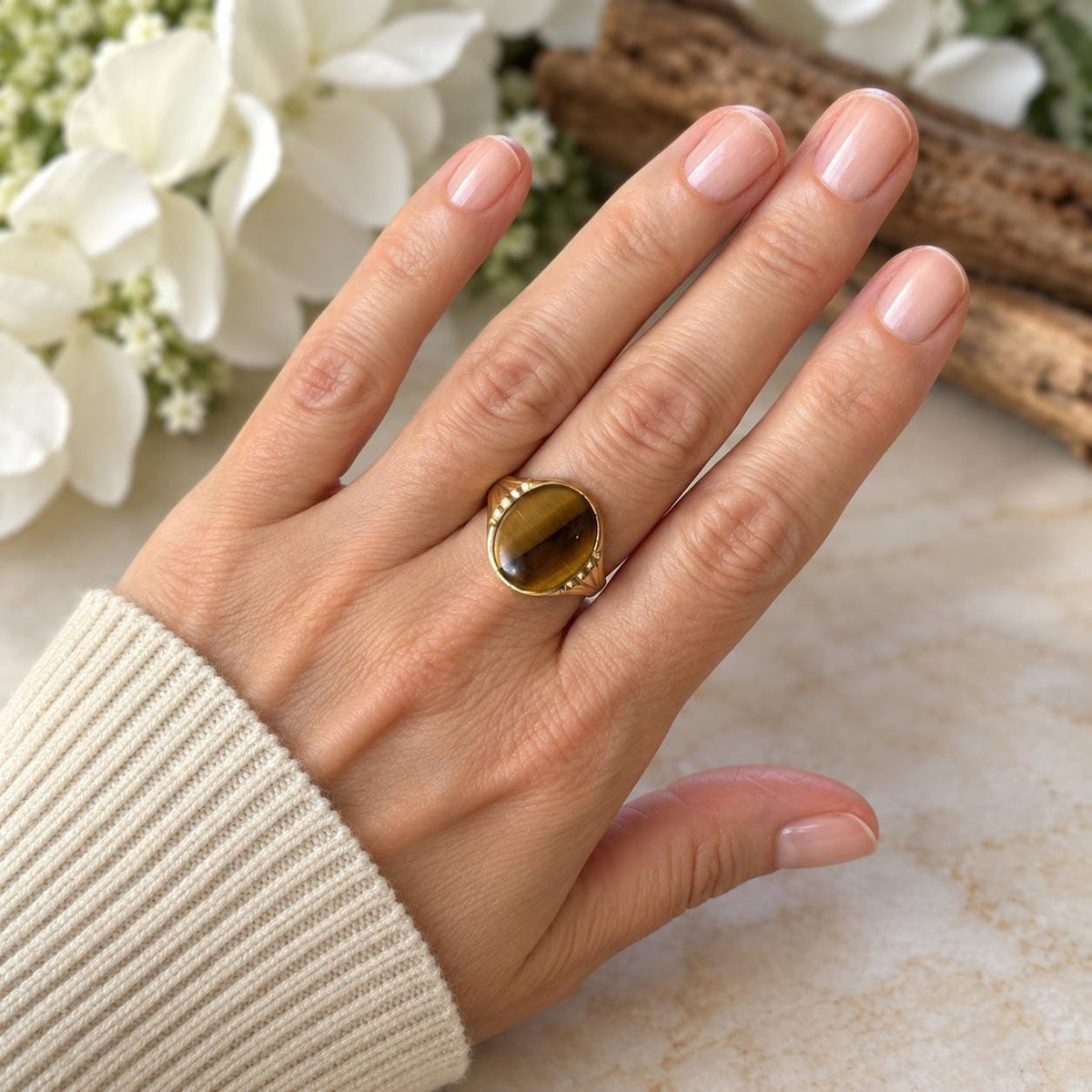 Vintage 1988 9ct Yellow Gold Tigers Eye Signet Seal Ring, Size O / 7-1/4