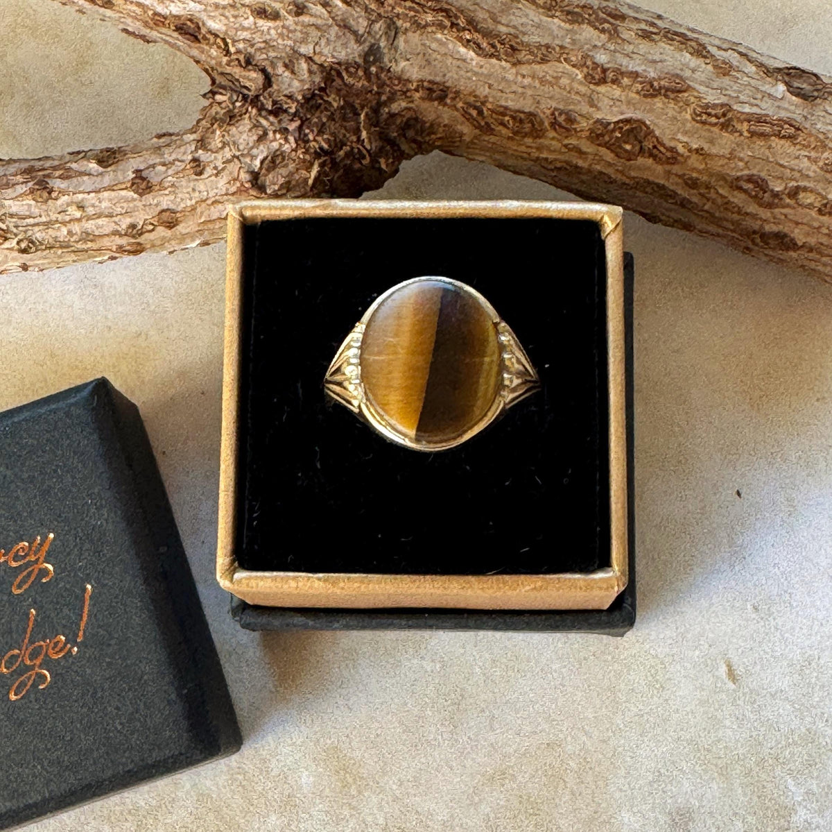 Vintage 1988 9ct Yellow Gold Tigers Eye Signet Seal Ring, Size O / 7-1/4