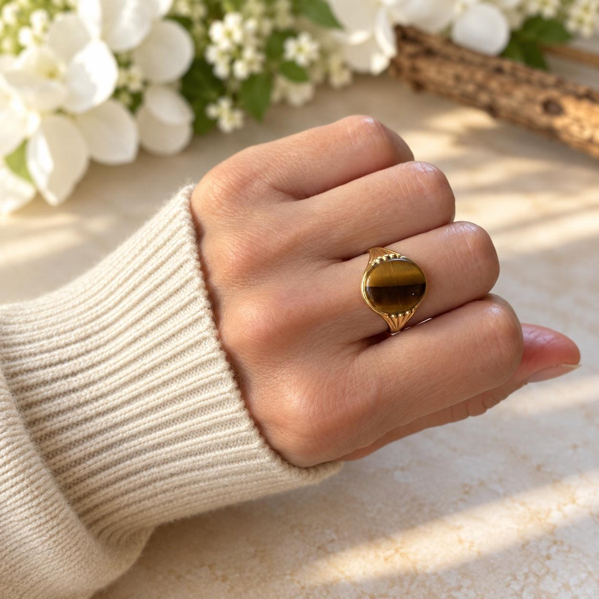 Vintage 1988 9ct Yellow Gold Tigers Eye Signet Seal Ring, Size O / 7-1/4