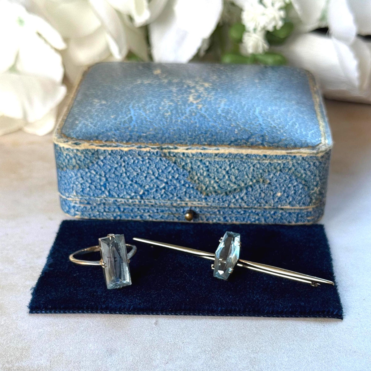 1920's Art Deco Blue Topaz 9ct Gold Jewellery Suite | Ring & Brooch | Original Fitted Presentation Case