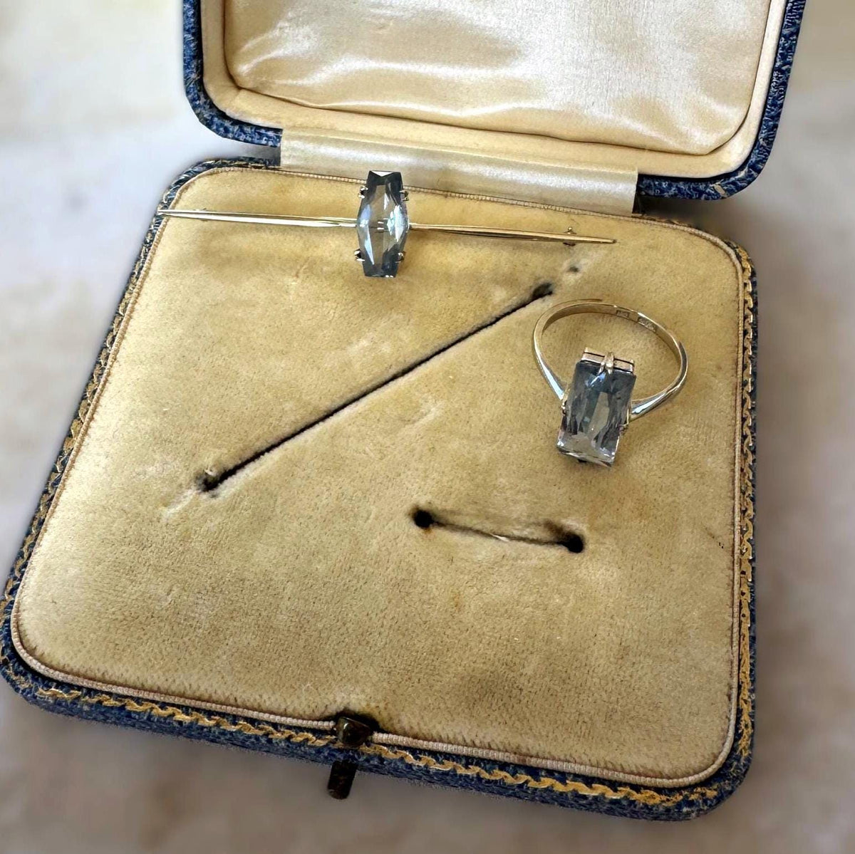 1920's Art Deco Blue Topaz 9ct Gold Jewellery Suite | Ring & Brooch | Original Fitted Presentation Case