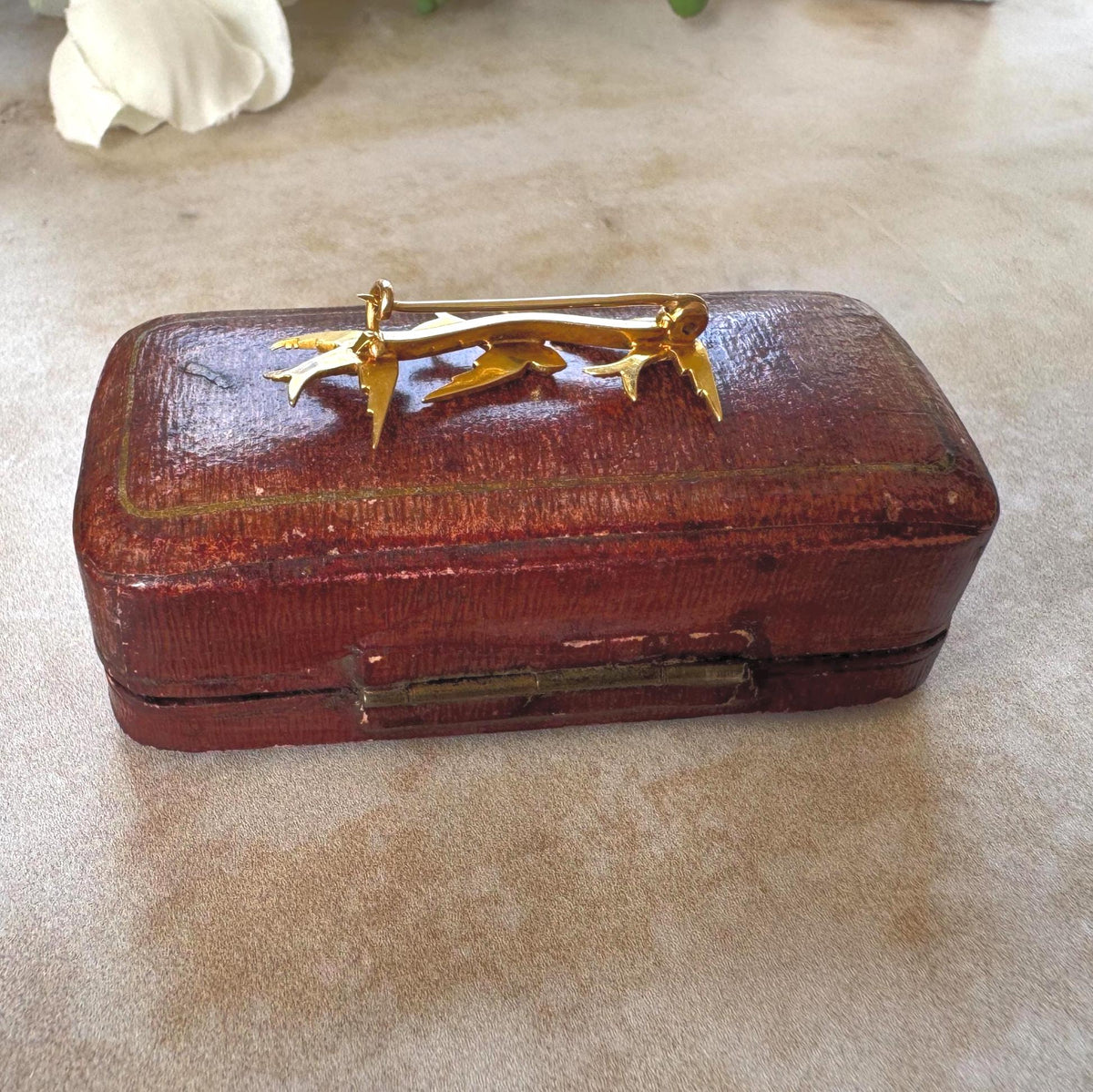 Antique Victorian 18ct Gold Swallow Brooch with Seed Pearls, Original Retailer's Box