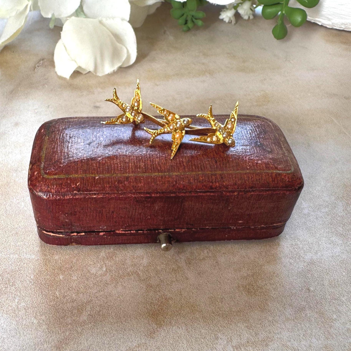 Antique Victorian 18ct Gold Swallow Brooch with Seed Pearls, Original Retailer's Box