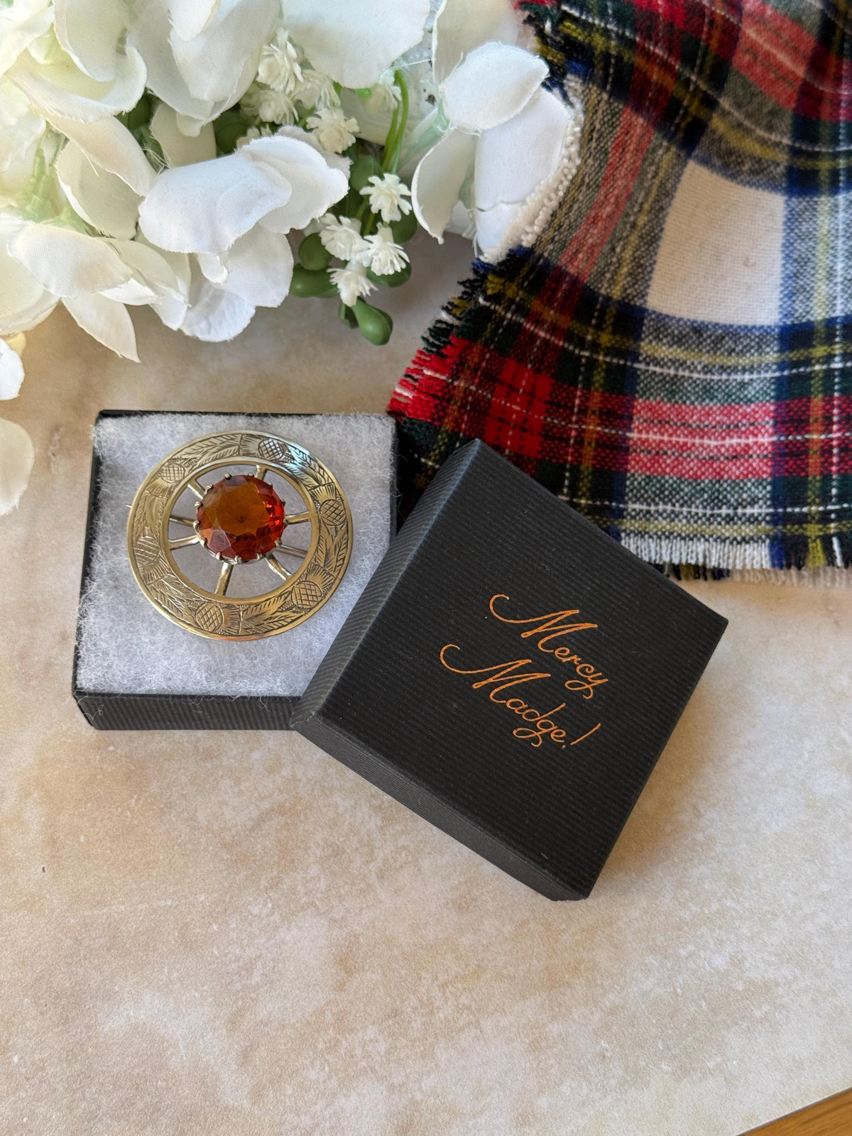 Vintage Scottish Thistle Brooch, Cairngorm Style Glass Stone, Highland Dress Plaid Pin