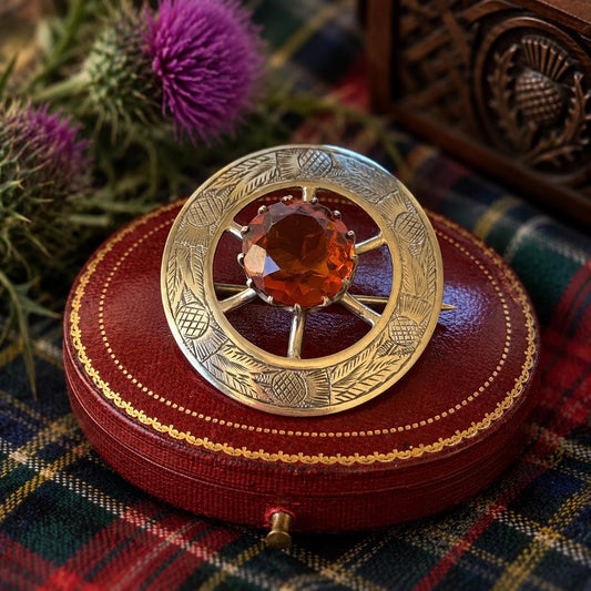 Vintage Scottish Thistle Brooch, Cairngorm Style Glass Stone, Highland Dress Plaid Pin