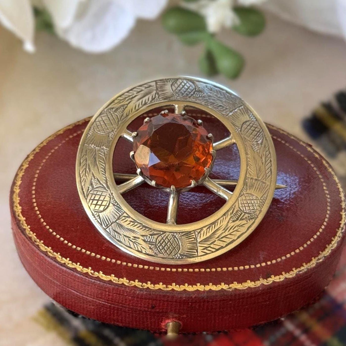 Vintage Scottish Thistle Brooch, Cairngorm Style Glass Stone, Highland Dress Plaid Pin