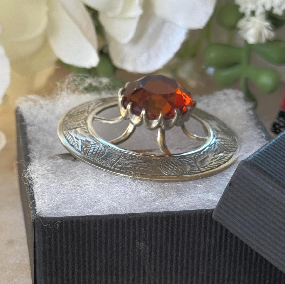 Vintage Scottish Thistle Brooch, Cairngorm Style Glass Stone, Highland Dress Plaid Pin