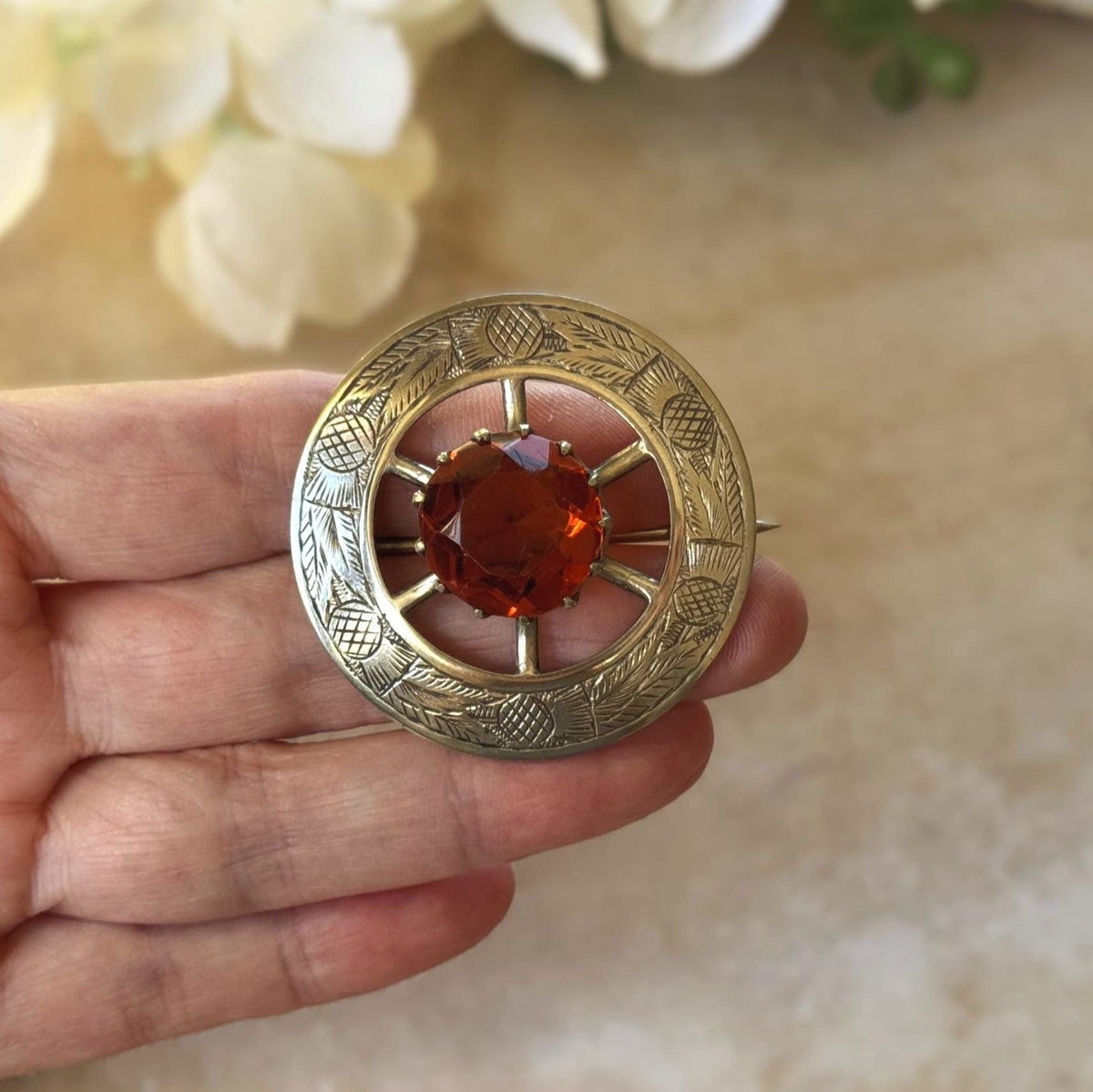 Vintage Scottish Thistle Brooch, Cairngorm Style Glass Stone, Highland Dress Plaid Pin