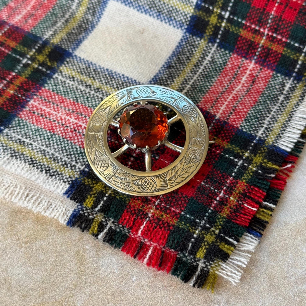 Vintage Scottish Thistle Brooch, Cairngorm Style Glass Stone, Highland Dress Plaid Pin