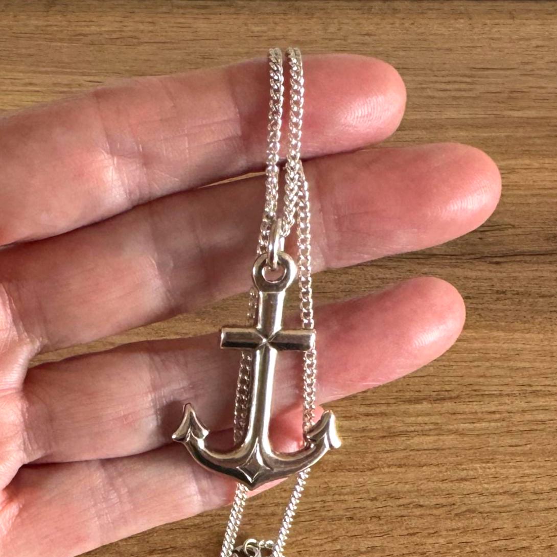 Antique Sterling Silver Gothic Cross and Anchor Pendant Necklace, Nautical Religious Jewellery