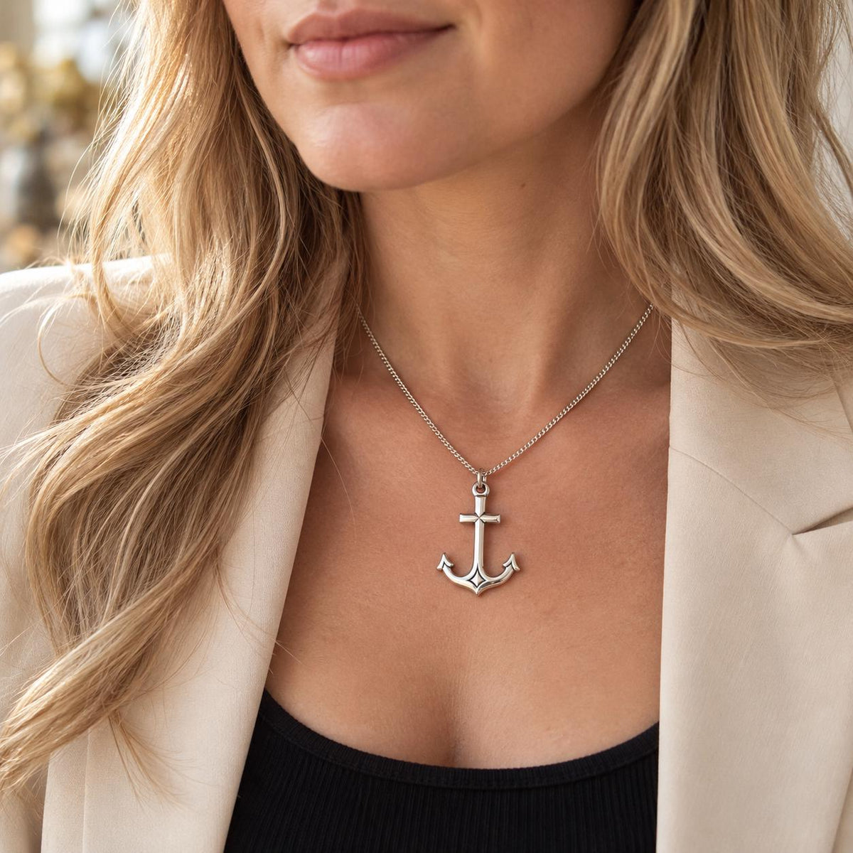 Antique Sterling Silver Gothic Cross and Anchor Pendant Necklace, Nautical Religious Jewellery