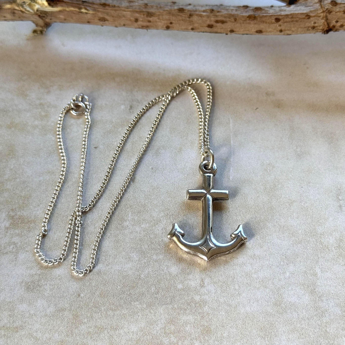 Antique Sterling Silver Gothic Cross and Anchor Pendant Necklace, Nautical Religious Jewellery