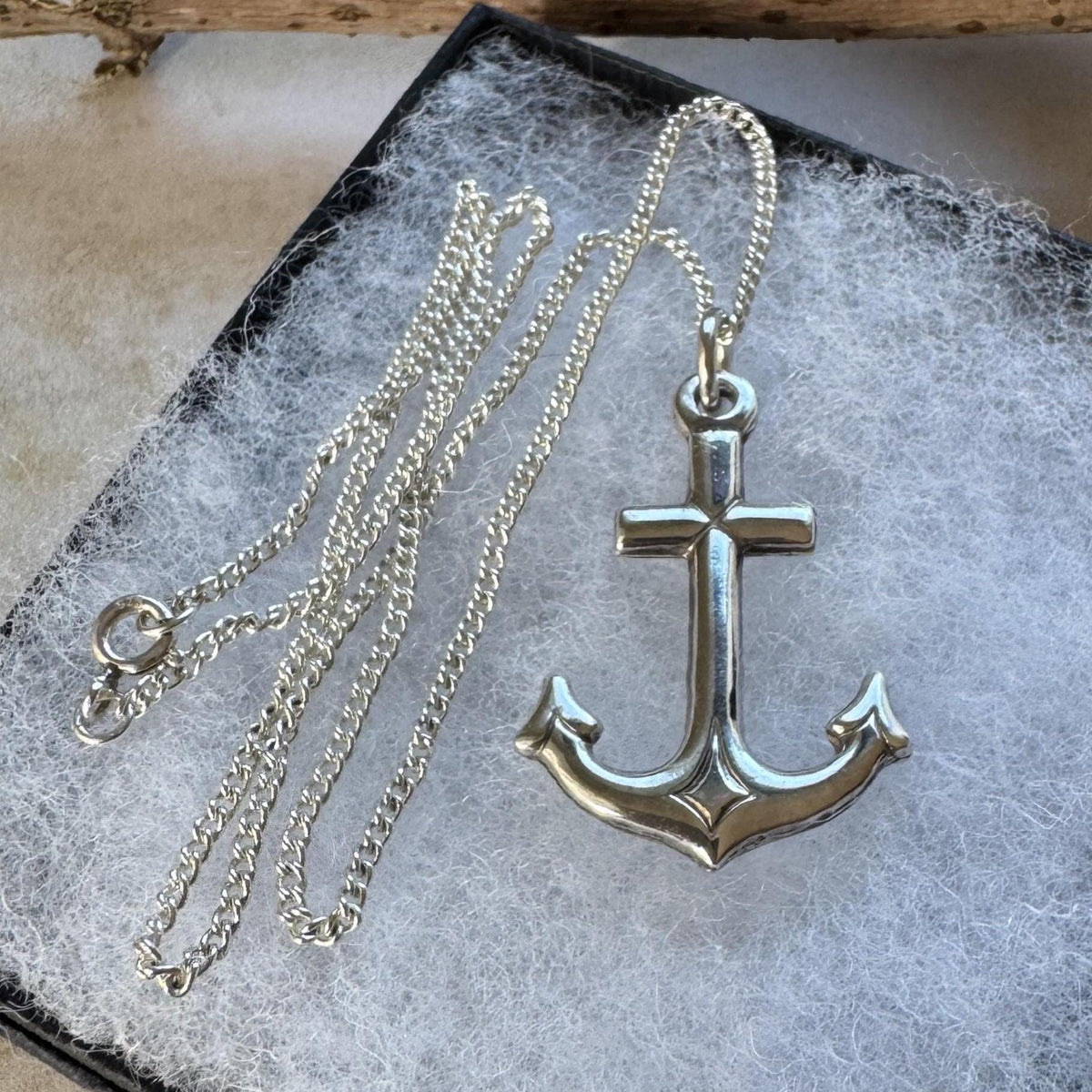 Antique Sterling Silver Gothic Cross and Anchor Pendant Necklace, Nautical Religious Jewellery