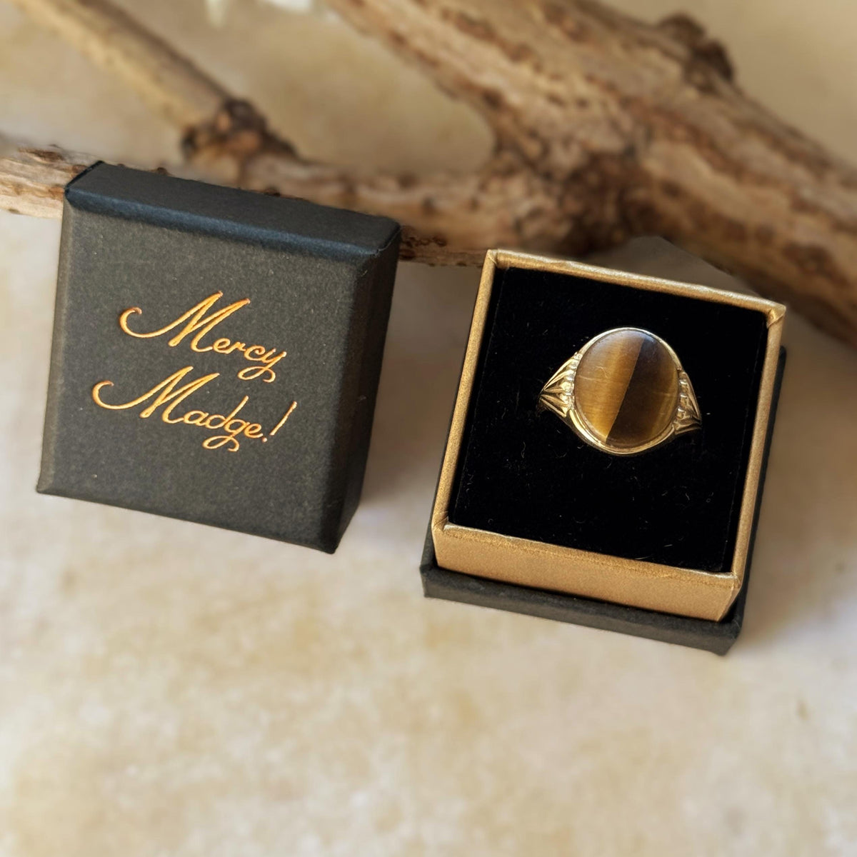 Vintage 1988 9ct Yellow Gold Tigers Eye Signet Seal Ring, Size O / 7-1/4