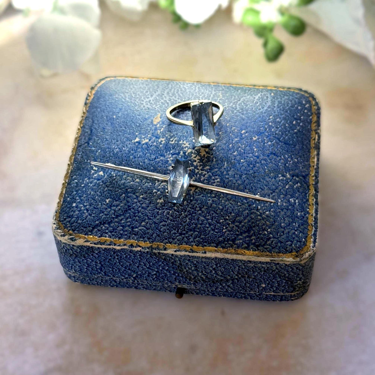 1920's Art Deco Blue Topaz 9ct Gold Jewellery Suite | Ring & Brooch | Original Fitted Presentation Case