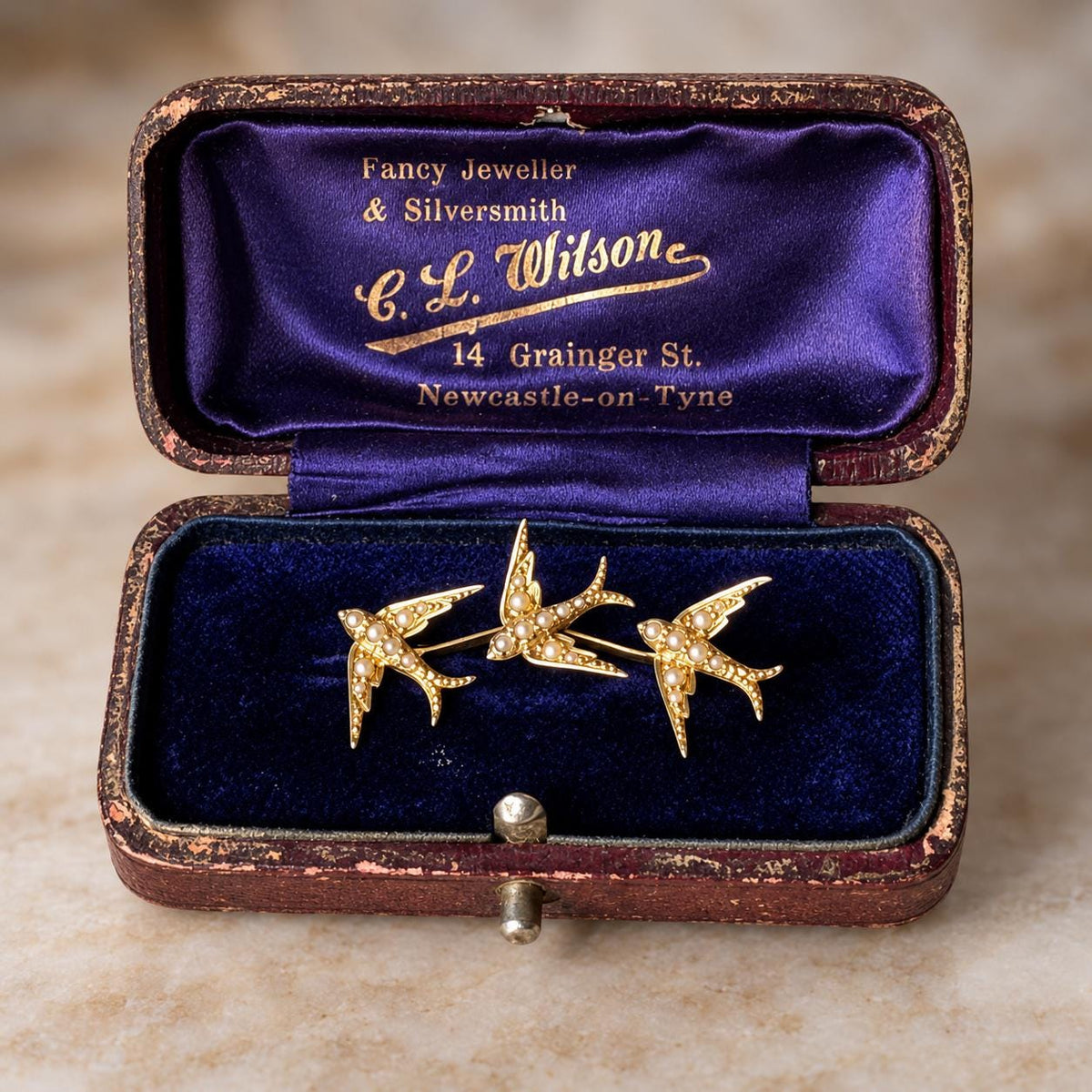Antique Victorian 18ct Gold Swallow Brooch with Seed Pearls, Original Retailer's Box