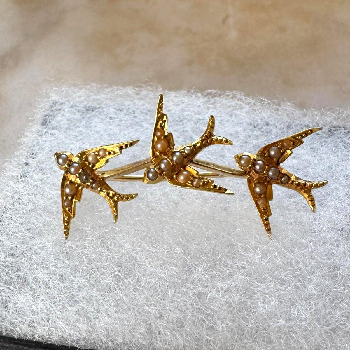 Antique Victorian 18ct Gold Swallow Brooch with Seed Pearls, Original Retailer's Box