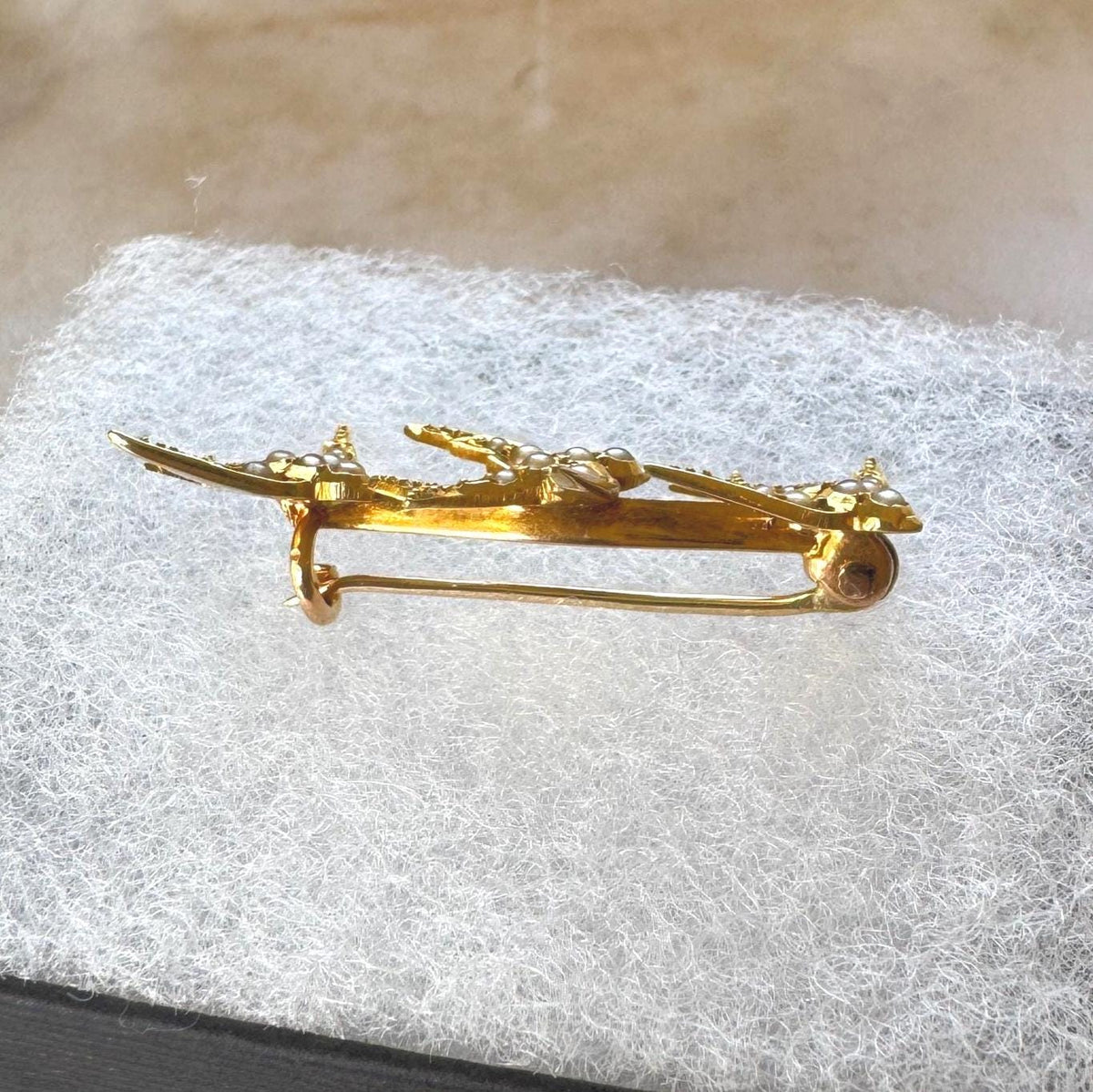 Antique Victorian 18ct Gold Swallow Brooch with Seed Pearls, Original Retailer's Box