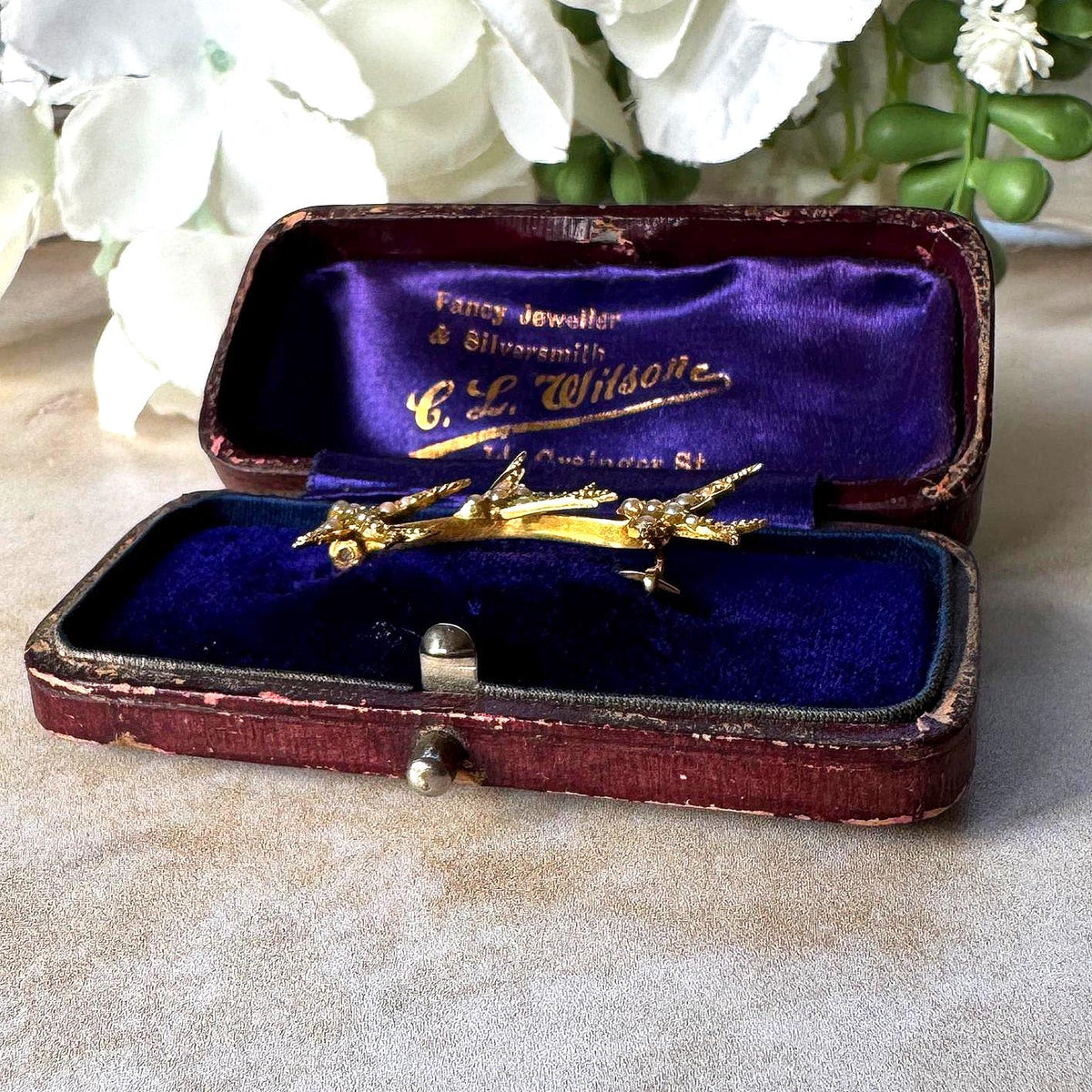 Antique Victorian 18ct Gold Swallow Brooch with Seed Pearls, Original Retailer's Box