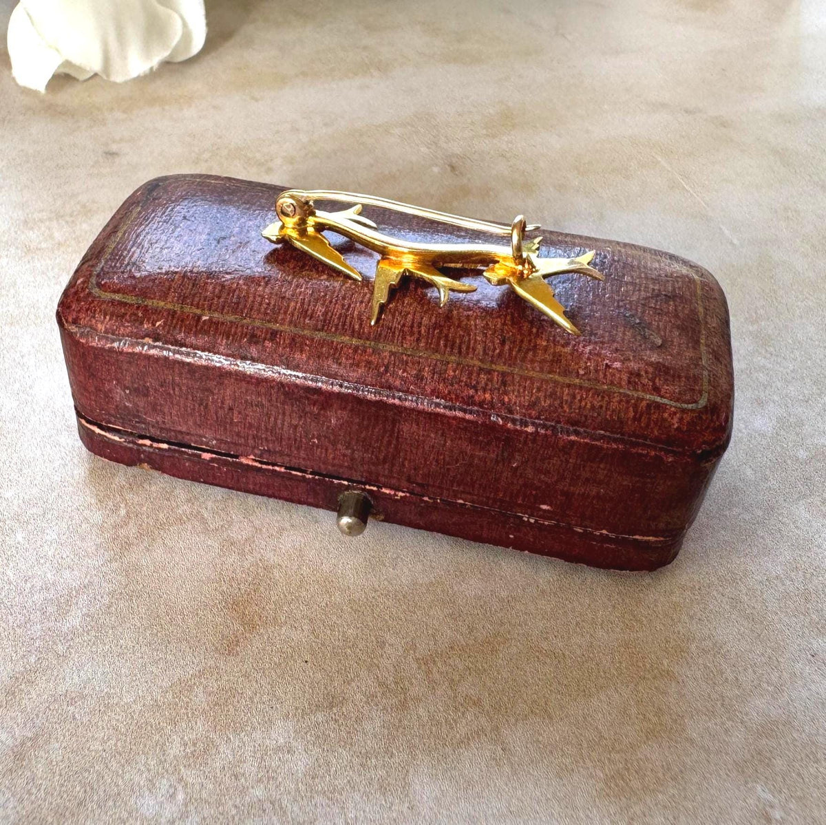 Antique Victorian 18ct Gold Swallow Brooch with Seed Pearls, Original Retailer's Box